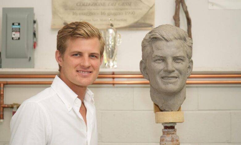 The Face Of A Winner: Indianapolis 500 Winner Marcus Ericsson Meets Himself During Borg-Warner Trophy Sculpting Session